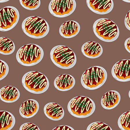 cartoon okonomiyaki, japanese food seamless pattern on colorful backgroundのイラスト素材