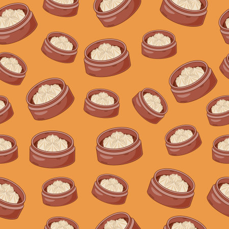 cartoon nikuman, japanese food seamless pattern on colorful backgroundのイラスト素材