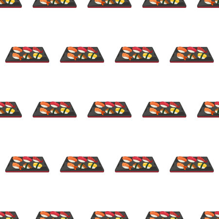 cartoon sushi nigiri set, japanese food seamless pattern on colorful backgroundのイラスト素材