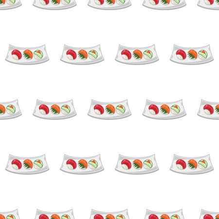 cartoon sushi temari, japanese food seamless pattern on colorful backgroundのイラスト素材