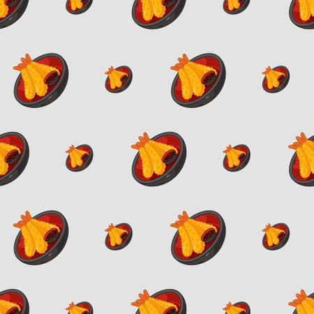 cartoon tempura, japanese food seamless pattern on colorful backgroundのイラスト素材