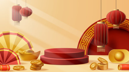 Chinese New Year display podium decoration background with chinese ornament. Vector 3D Illustrationのイラスト素材