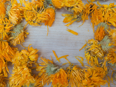 Dried orange marigold flowers on wooden background.の写真素材