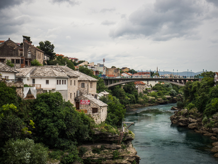 View of Mostar city situated on the Neretva river in Bosnia and Herzegovinaのeditorial素材