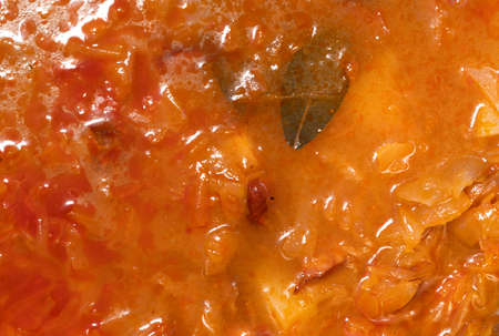Close up of cabbage soup, detail of traditional meal with sausage and potatoesの写真素材