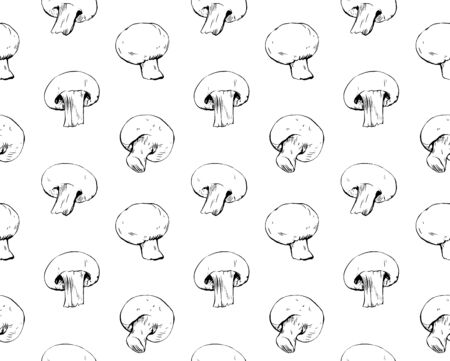 Hand drawn ink pattern with mushrooms seamless foodのイラスト素材