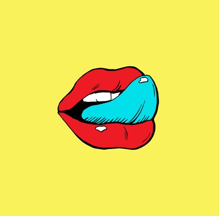 Red lips with tongue pop art  print design colorful isolated cartoonのイラスト素材