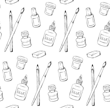 Stationery handdrawn seamless pattern design black and white school suppliesのイラスト素材