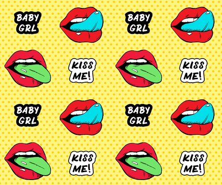 Pop art pattern with lips and tongue seamless kiss dots yellow sexyのイラスト素材