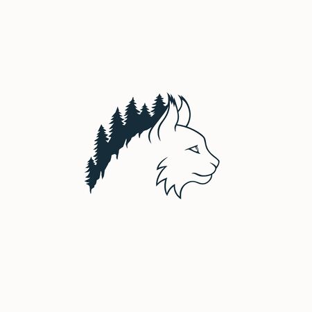Lynx flat logo with forest vector illustration ecologicalのイラスト素材