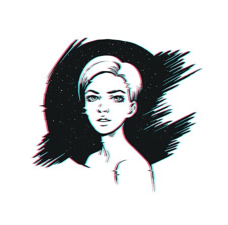 Pop art woman illustration with distressed glitch effect drawn inkのイラスト素材