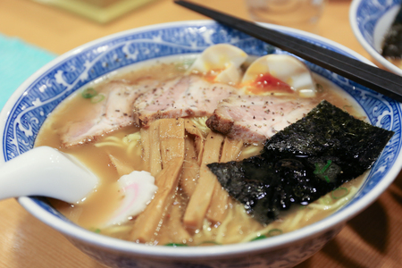 Ramen Japanese noodles with bamboo shoots and eggsの写真素材