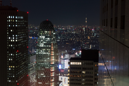 TOKYO, JAPAN - FEBRUARY 17: Shinjuku district  night view through glass from Tokyo Metropolitan Government Building observation and Tokyo tower in the background before sunset February 17, 2017 in Tokyo, Japanのeditorial素材