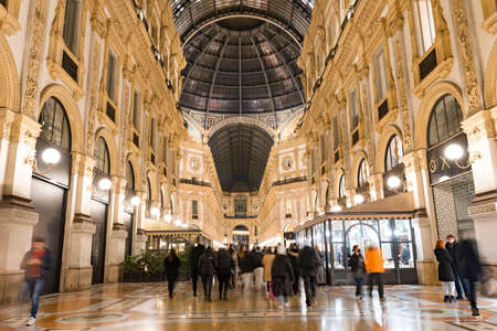 Glass dome of Galleria Vittorio Emanuele in Milan, Italy at nightの写真素材