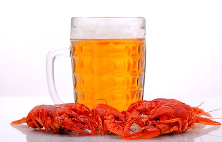 Lobsters and glass of beerの写真素材