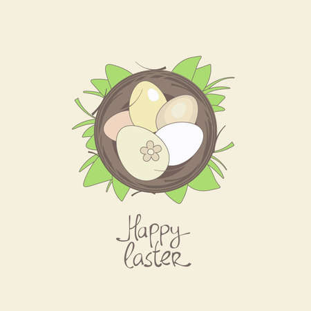 Happy Easter card template, basket with eggs in grass のイラスト素材