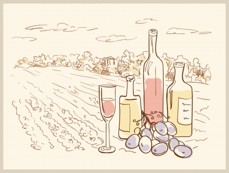 Hand drawn vineyard with bottles of wine のイラスト素材