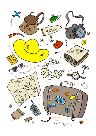 Cartoon beach symbols, hand drawn design template のイラスト素材