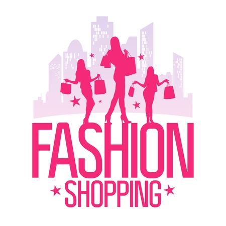 Fashion shopping design template with fashion girls silhouette on the background of a big city のイラスト素材