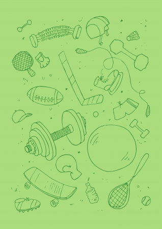  illustraition of sports accessories, hand drawn design set.のイラスト素材