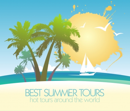 Best summer tours design template with tropical island and yacht.のイラスト素材