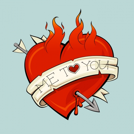Burning heart with arrow and ribbon, tattoo style.  のイラスト素材