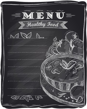 Chalk healthy food menu, chalkboard background with soup and place for text.のイラスト素材