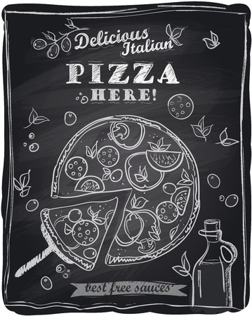 Chalk pizza with the cut off slice, chalkboard background.のイラスト素材