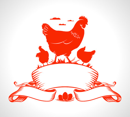 Emblem depicting hen and ribbon with place for text.のイラスト素材