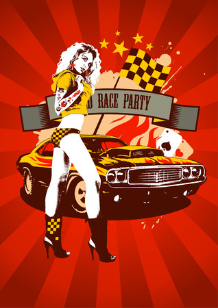 Motor race party design with fashion girl and retro car on red rays backgroundのイラスト素材