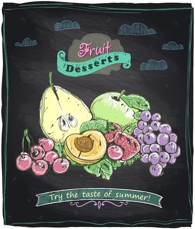 Chalk healthy food fruit menu, chalkboard background with place for text.のイラスト素材