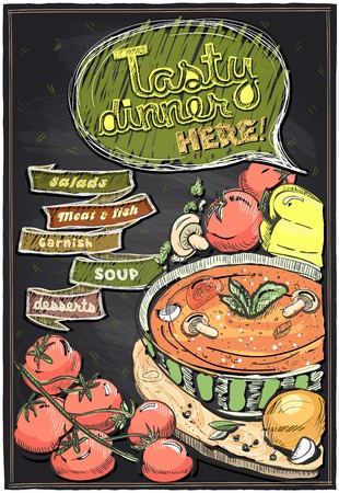 Tasty dinner here! Chalkboard menu with soup.のイラスト素材