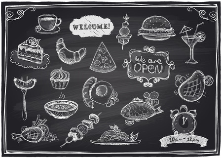 Hand drawn assorted food and drinks graphic symbols set  on a chalkboard background. のイラスト素材