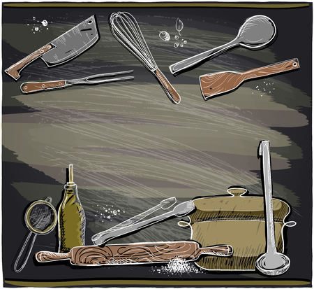 Hand drawn design with kitchen utensils on a chalkboard, place for text.  のイラスト素材