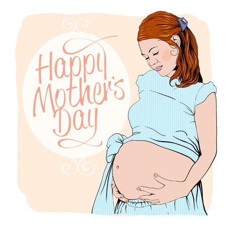 Happy mothers day card with graphic portrait of a pregnant  lovely woman.のイラスト素材