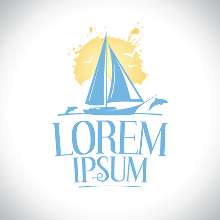 Sailboat against sun with dolphins logo concept.のイラスト素材