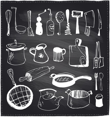 Hand drawn set of kitchen utensils on a chalkboard background.のイラスト素材