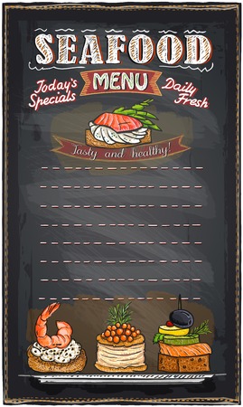 Seafood menu list blackboard chalk illustration with fish canapes.のイラスト素材