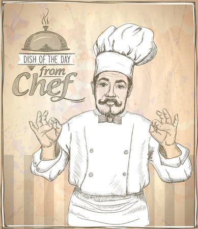 Graphic hand drawing chef cook showing okay, vintage style.のイラスト素材