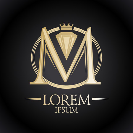 Elegant gold letter M with diamond and crown.のイラスト素材