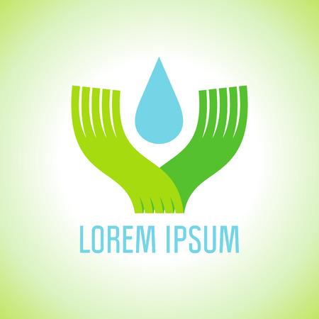 Flat art logo with hands holding drop of water, ecology concept.のイラスト素材
