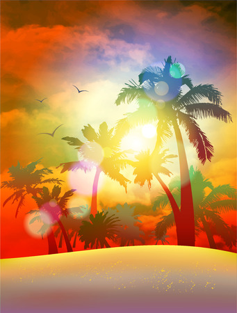 Beautiful sunset over the sand beach with a view at palms, eps10 vector illustrationのイラスト素材