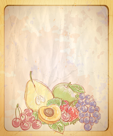 Vintage style empty paper backdrop with hand drawn graphic illustration of assorted fruits.のイラスト素材
