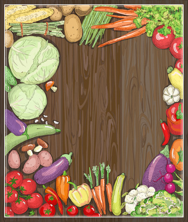 Farm fresh vegetable frame against wooden backdrop.のイラスト素材