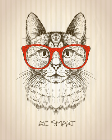 Vintage graphic poster with hipster cat with red glasses, against old paper striped backdrop, be smart quote card, hand drawn vector illustration.のイラスト素材