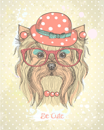 Cute hand drawn card with fashion yorkshire terrier girl, dressed in hat, earrings,necklace and glasses with makeup on her muzzle. Quote card - Be cute.のイラスト素材