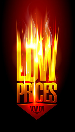 Low prices now on, hot fiery sale design with arrow move down, against dark backdrop.のイラスト素材