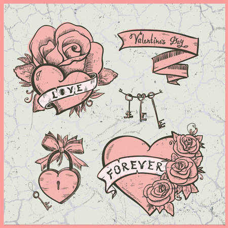 Old school graphic set with hearts, roses and  ribbons, Valentine day symbols illustration against vintage cracked backdrop.のイラスト素材