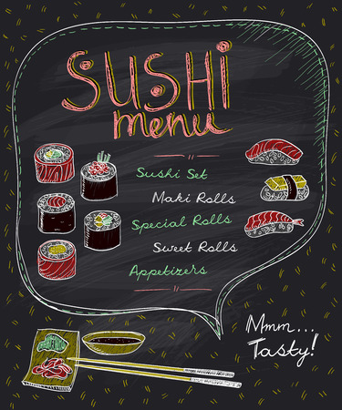 Hand drawn sushi menu design on a chalkboardのイラスト素材