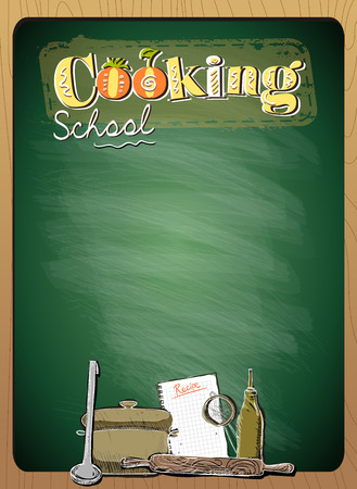 Cooking school menu list with place for text against green chalkboard in wooden frameのイラスト素材